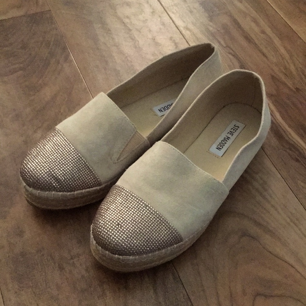 Steve Madden Tan Slip On Espadrilles, Rhinestones, 7.5